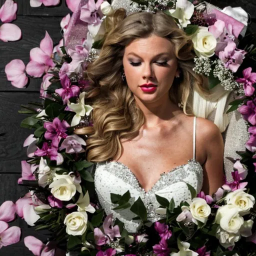 Prompt: Taylor Swift resting inside a coffin, closed eyes, flowers, 