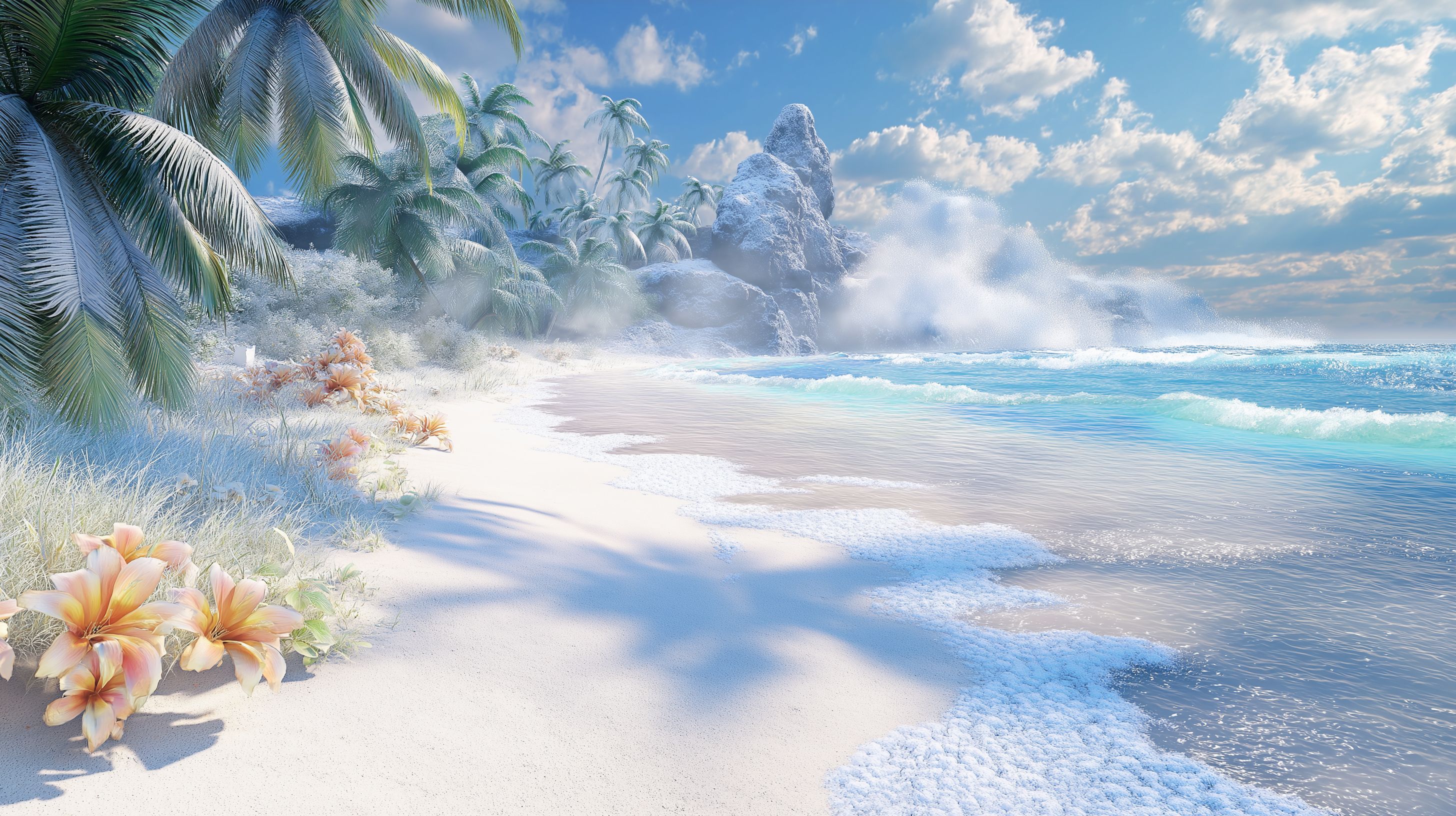 Prompt:  a snowy sandy beach covered in white sand and snow frost, the ocean is sloshes onto the shore in a mix of ice and foam, tropical location frozen in ice, everything is beautiful, the ice has a rainbow tone to it, the sand looks like cut diamonds, frozen palm trees and frozen tropical flowers, winter paradise.