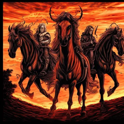 Prompt: 4 horsemen of the apocalypse, 7 deadly sins, burnt world, sunset 