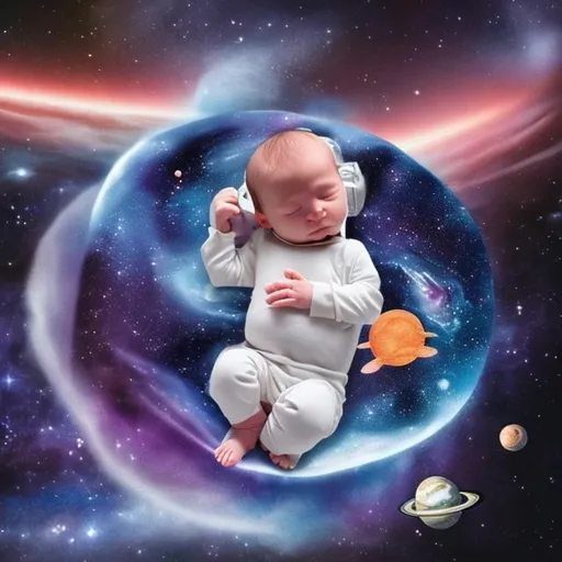 Prompt: a baby in space in the fetal position sleeping in the arms of god 

