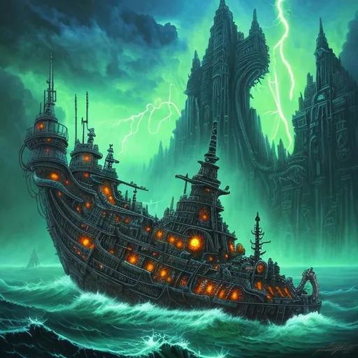 Prompt:  fantasy art style, painting, deep ocean, ancient, Mayan, Aztec, green, green lights, green neon lights, lightning, colourful, bright, murky, pirates, pirate ship, flags, H. R. Giger, waves, mist, naval ship, utopia, warship, biological mechanical, pipes, warship, snakes, serpents, eels, tentacles, octopus, jellyfish, squid, army, army uniforms