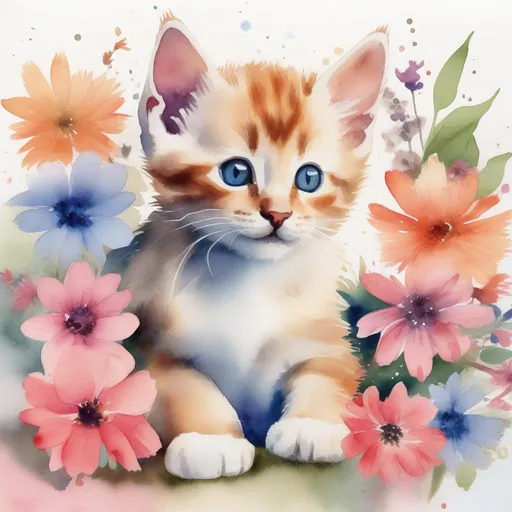 Prompt: a watercolor kitten surrounded by flowers