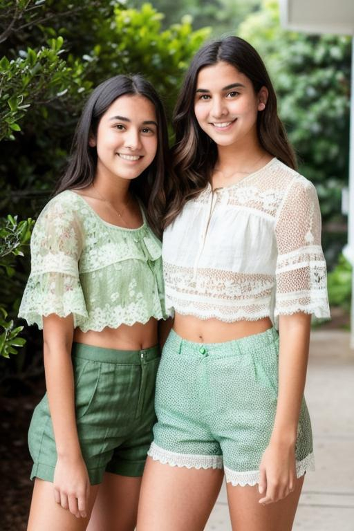 Two Girl 18yo, lesbian, green Lace Blouse, Linen Sho