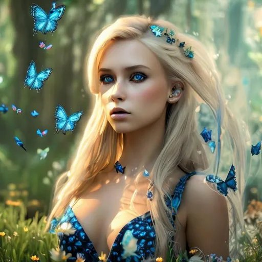 Prompt: stunning blond girl surrounded with dark blue butterfly's that has skulls pictures on their wings
 in ultra realistic ecopunk style digital art

