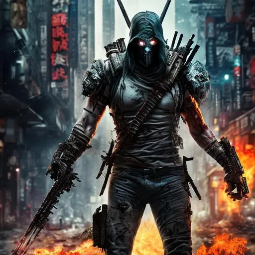 Prompt: Maniac assassin unicorn man 4k
. Full body. Imperfect, Gritty, Todd McFarlane style futuristic army-trained villain. Bloody. Hurt. Damaged. Accurate. realistic. evil eyes. Slow exposure. Detailed. Dirty. Dark and gritty. Post-apocalyptic Neo Tokyo .Futuristic. Shadows. Sinister. Armed. Fanatic. Intense. 