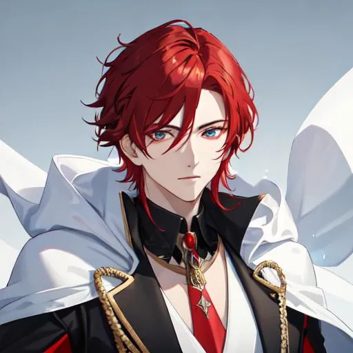 Prompt: Zerif 1male (Red side-swept hair covering his right eye) wearing a black royal suit, white cape, 