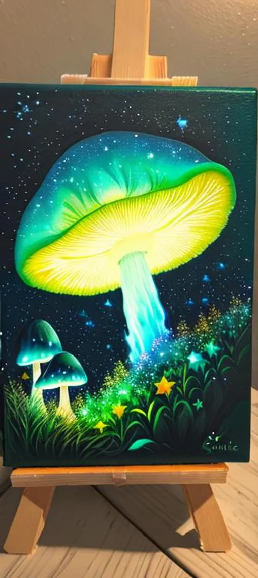 Prompt: Acrylic painting of a night sky, green tints, with stars, and a small glowing magical mushroom sillouhette, fragonard