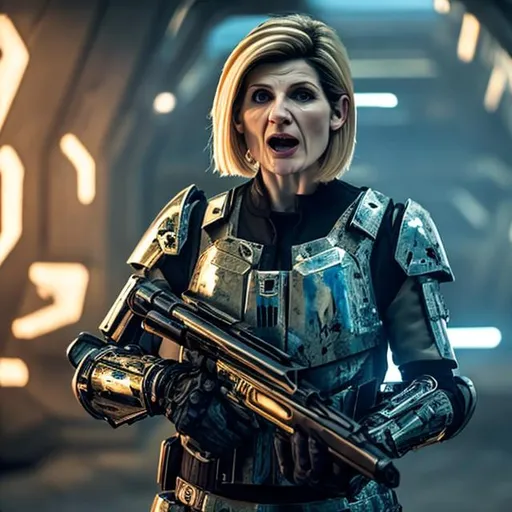 Prompt: Jodie Whittaker shouting angrily wearing an armored futuristic scifi military uniform and holding an advanced exotic shotgun in full color