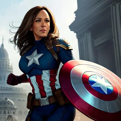 Prompt: Kamala Harris as captain America, beautiful detailed face, full body action pose,  highest quality, clear focus, deep color, full body, wearing a cape, complementary colors, soft glow, fantasy concept art, 8k resolution, Artstation Unreal Engine 5 trend, Artgerm, WLOP, dynamic soft lighting, fantasy framing, hyper detailing, intricate detailing, Artstation process color trend, Unreal Engine Volumetric Engine Lighting Engine 5