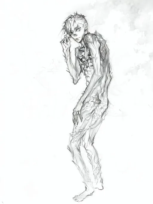 Prompt: Sketch of Demon young skinny malnourished freaky scary creepy 13 year old boy (Envy sin) hateful weak odium  shirtless baldspot