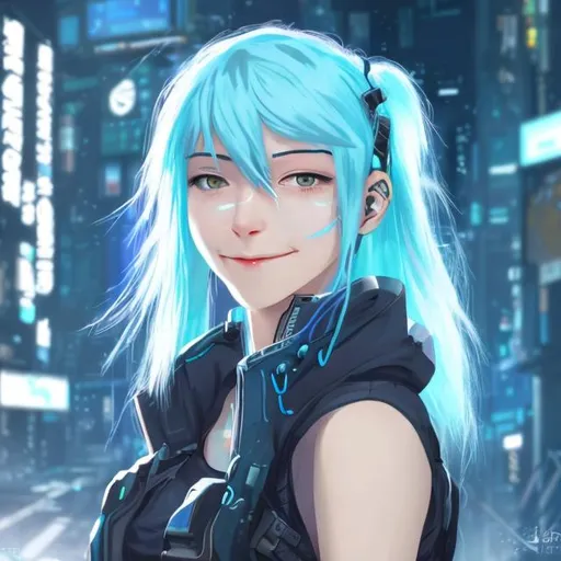 Prompt: gentle smile, female, cyberpunk setting, light blue hair