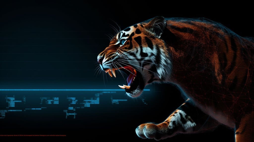 Prompt: tiger licking his paw projected onto a morphing block vector dynamic heightmap wall, 2d