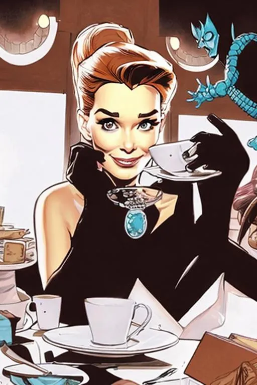 Prompt: Comic book breakfast at Tiffany’s 