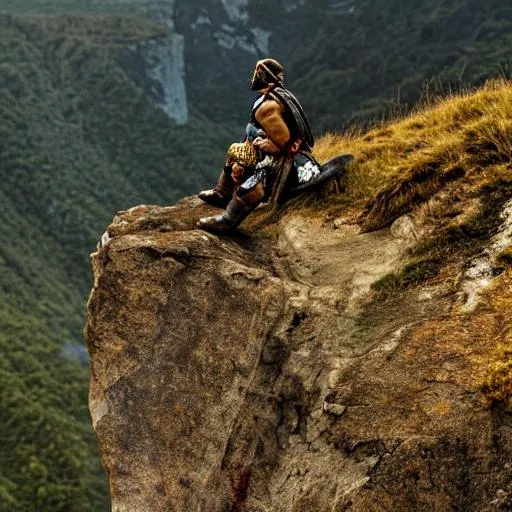 Prompt: a warrior on a cliff watching a war