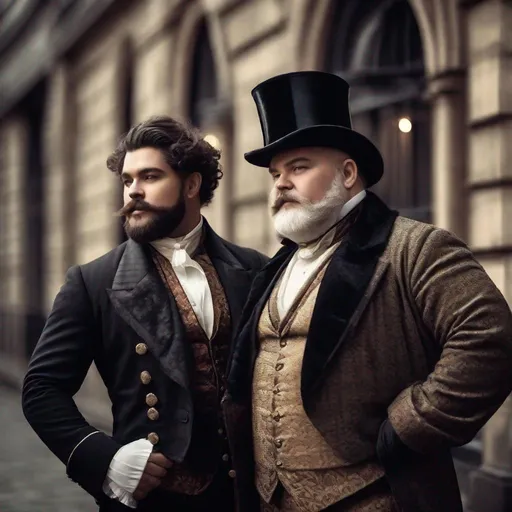 Prompt: Race-diverse hairy chubby handsome male couple, happy, sensual Victorian clothes, dynamic lighting, Old London background, realistic, ultra realistic, old photo filter, side diagonal view


