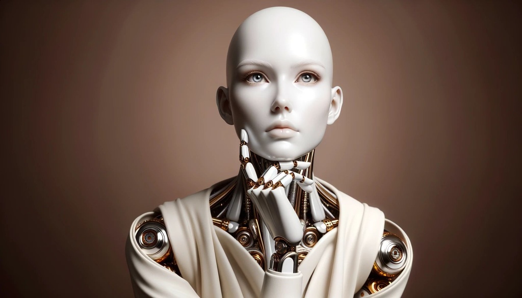 Prompt: A white, human-like woman posing as a robot on a brown background. The style is of photorealistic detail with light gold and gray, chrome-plated finishes. The image should capture rococo elegance and have an emotive expression, reminiscent of Android Jones' work.