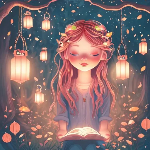 Prompt: Girl with rose gold hair with lanterns in the woods colorful storybook illustrations 