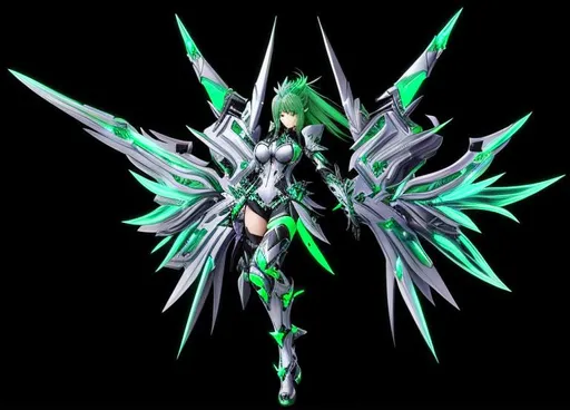 Prompt: , female, long silver and green glowing hair, wearing black gloves, green and silver scifi armor, V1 ULTRAKILL wings, Xenoblade 2 , conceptart
