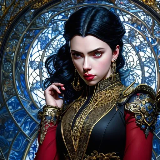 Prompt: character illustration, bayonetta, billie eilish, curly black hair, scarlet johansson, regal vest, by alphonse mucha, concept art, concept art, intricate, elegant, highly detailed, traditional art, digital art, dressed with clothes like made of arrays of swords and other sharp weapons without any rust, highly detailed.