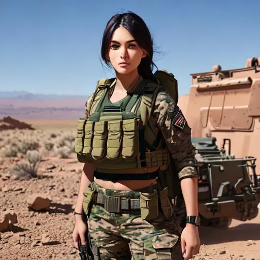 Prompt: Young woman wearing only Plate carrier type body armor, high detail, mixing desert and jungle camouflage, standing next to rubble, her hand on her hips, smoking a cigarette, no weapons