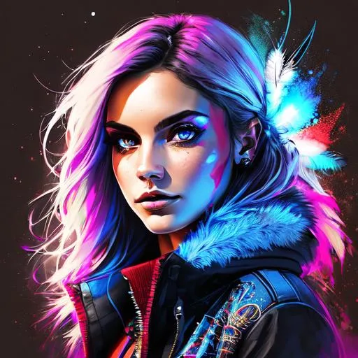 Prompt: European young woman, night city, detailed symmetric crocodile eyes, Milky Way, city, red/blue/white Apache national clothing, head feathers, Mexican skull makeup, Intricately Detailed Splash Art Triadic Color Trend Artstation Unreal Engine 5 Volumetric Lighting, Gothic , High resolution, close-up, ambient light, Nikon 15mm f/1.8G, by GIlSam-paio octane rendering depicting innovation and truth, 8k, by Lee Jeffries, Alessio Albi, Adrian Kuipers, glamour, intricate detailed environment, lace, smudges , dark watercolor background, masterpiece, ornate, depth