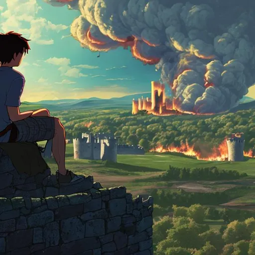 Prompt: A young man sitting sadly on the edge of a castle watching burning world