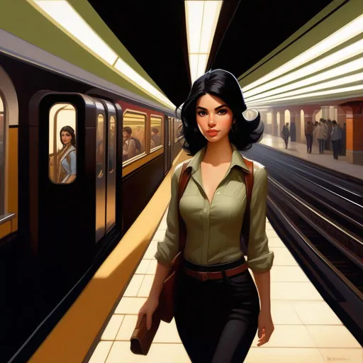 Prompt: Third person, gameplay, young woman, pale olive skin, black hair, dark brown eyes, subway station, cartoony style, extremely detailed painting by Greg Rutkowski and by Henry Justice Ford and by Steve Henderson 