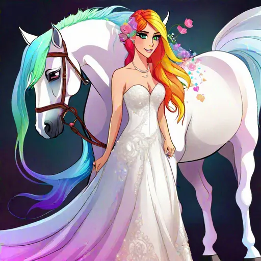 Prompt: Haley  as a demon horse hybrid (bright multi-color hair) (multi-color eyes) wearing a wedding dress, full body, 