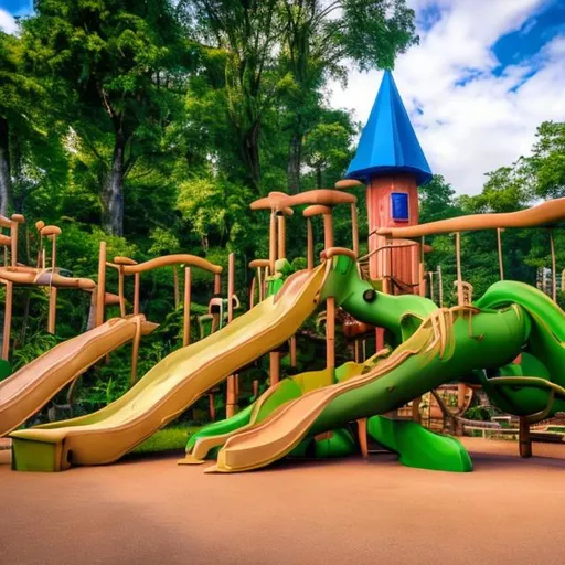 Prompt: Wooden playground in the yard
 Children playing
on swings and slides
On a background of grass and sky