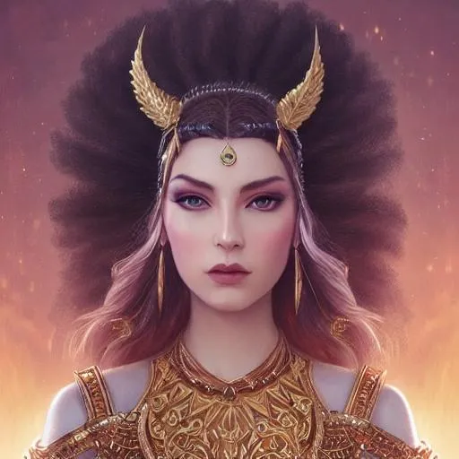 Prompt: Portrait of A beautiful harpia woman, wearing warrior Intricate legendary Golden armor, beautiful redish gradient iridescent feathers, sharp focus, intricate, majestic, highly detailed, elaborate, cinematic, digital art, lens flare, octane render, fantasy,  in the style of Peter mohrbacher, tom bagshaw, david palumbo, Jacek yerka, Robert Oxley, android Jones, Georgia O'Keeffe, Anato Finnstark