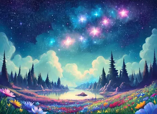 Prompt:  Aesthetic, beautiful, painting, cute, soft, art, RPG, highres, illustration, night sky with many stars, wonderland,wildflowers, cute, ,Nintendo, 