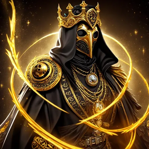 Prompt: Fantasy style, a hyper realistic detailed image of undead god king, golden plague doctor mask, bird skull,  covered in nightly glow, looking straight ahead, body facing camera, camera top third of image, perfect composition, super detailed, sharp focus HDR, UDR, 120k, black and gold coloured thick wide dress, Gold shoulder plates, black hood, golden crown, iridescent eyes, in a dark stary night-time fantasy background, black sand covered jewellery, sun orb 