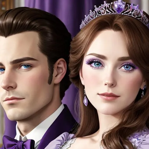 Prompt: European prince and princess wearing purple, facial closeup