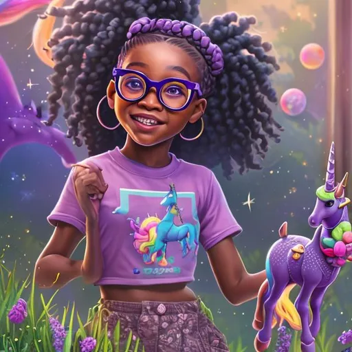 Prompt: Please produce an illustration of a young Black girl with glasses, playing outside in her backyard with her purple pet unicorn, brown skin color, with braids, fantasy colors, daytime, trending art, high quality, sharp focus, intricate details, highly detailed, UHD, HDR, 8K, ((Masterpiece))