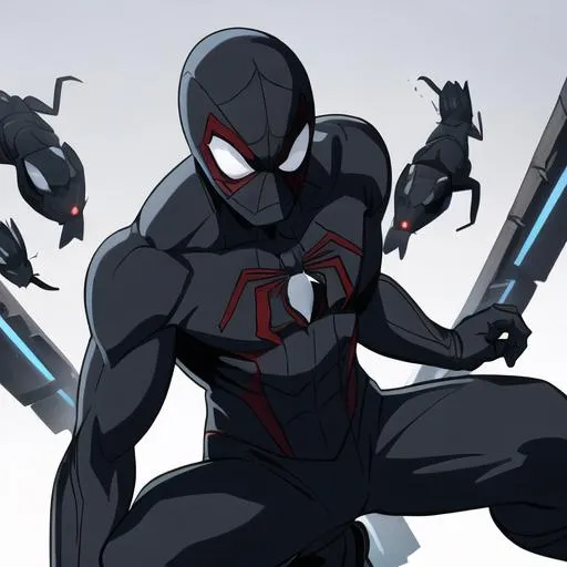 Prompt: Spiderman wears the black symbiote suit from the comics. Its a black suit with a large white spider logo on the Chest and white eyes. 
