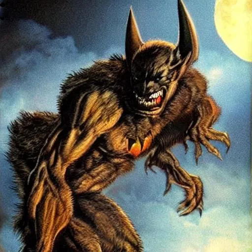 Prompt: Hyper realistic Bipedal Batman, or Werebat, in forest, full moon, horror, terror, bodybuilding upper body Muscles , brown fur, with red eyes! Claws. 7 feet tall, and sinister, and battling Sasquatch! Vicious Hellhound. 