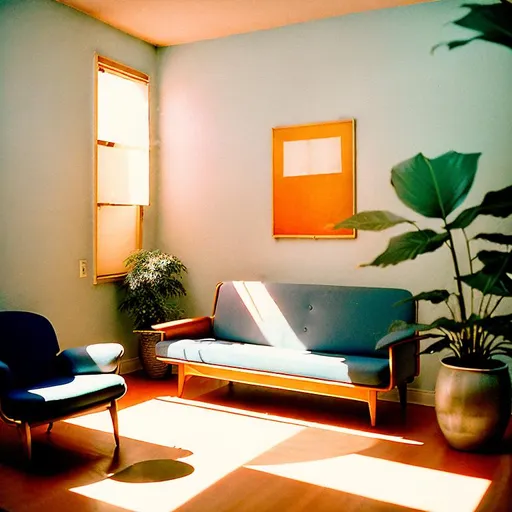 Prompt: A flourishing albo monstera basks in the sunlight of a setting sun in a south-facing den. 

A grey and white Italian greyhound rests on a simple rug and light-colored wooden floor. 

A striped blue and yellow blanket draped over the beige leather sofa. The room features an Eames Chair and ottoman, an art deco mirror, and a liquor cabinet. The Nordic-inspired interior decorations and cast-iron fireplace make one feel at home.