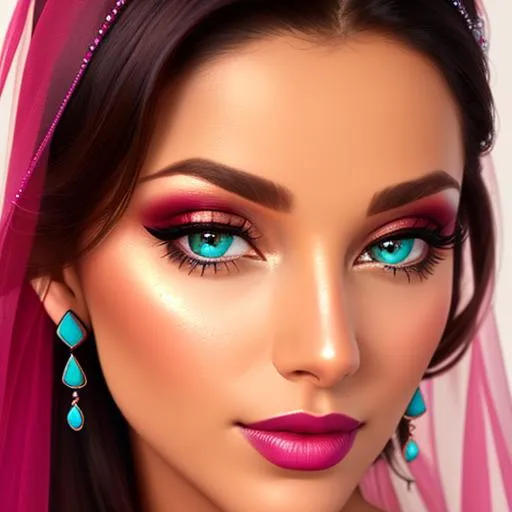 Prompt: Beautiful ethereal woman. wearing ruby and turquoise, facial closeup