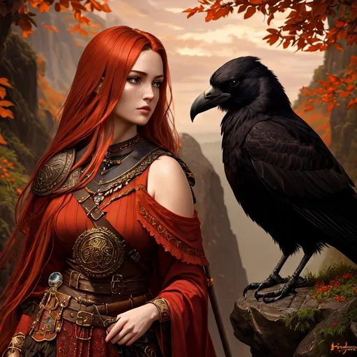 Prompt: Oil painting, Chiaroscuro, landscape, UHD, 8K, highly detailed, panned out view of the character, visible full body, a hyperdetailed Vikings tall girl, crow on shoulder, hyperdetailed large red hair, masterpiece, hyperdetailed full body, hyperdetailed feminine attractive face and nose, complete body view, ((hyperdetailed eyes)), perfect body, perfect anatomy, beautifully detailed face, alluring smile, ((scantily clad)), golden scales. She wears a black Nordic chest with gold and silver filigree and some runes, and silver lace stockings with gold fishnet. Underneath she wears a whit robe covered in runes (She is looking through a window of a high tower in an elven kingdom). 