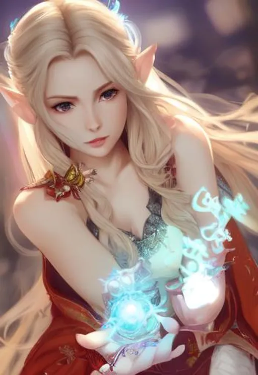 Prompt: Lunafreya Nox Fleuret, masterpiece,best quality,CG,wallpaper,HDR,high quality,high-definition,extremely detailed, perfect fingers, right palm up, beautiful hands, cleavage, Elf, sharp chin, Wizard, A young and beautiful female elf casting a spell, mage aura, wearing red mage robe, golden iris, short white long hair, beautiful detailed face features, digital painting by WLOPP, greg rutkowski, JunYoung shin, CL, kim sung hwan, symmetrical facial features, accurate anatomy, sharp focus, smooth, hyper-detailed, hyper-realistic, fashion, subtractive lighting, 16k, full body)