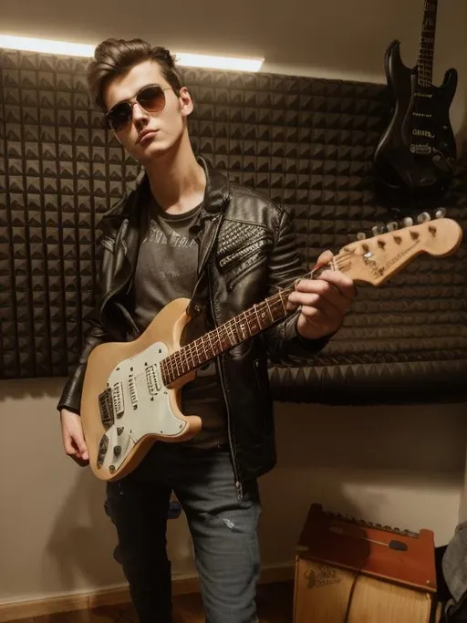 Prompt: Realistic art of  Ukrainian male, age=20, messy dark brown hair, black clothes, round oval face shape, straight raised nose, button nose, cute looking, playing (red electric guitar), black leather jacket, black jeans, small apartment in kiev, button nose, pilot sunglasses 