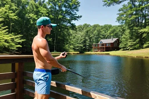 Prompt: Long shot, wide angle, 24mm lens, country guy with baseball cap fishing in his boxer briefs. It's a beautiful summer day at his lake house in the  northeastern United States. 