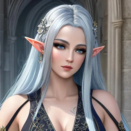 Prompt: oil painting, , UHD, 8K, Very Detailed, panned out view of character, full body character visible, elf goddess character with ethereal fantastical stone grey skin & blue hair, she has visible silvery eyes, sleeveless black dress