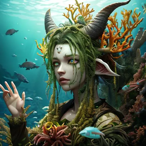 Prompt: octane render, mossy skin, goat horns, yellow animalistic eyes, long flower hair, coral reef background, underwater, by wlop