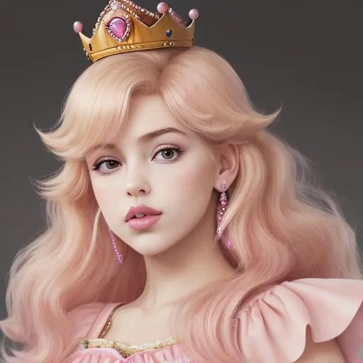 Prompt: peach prisses of mario blond girl hair hyper realistic juici pink lips pink dressed young girl pricess dimond crown princess