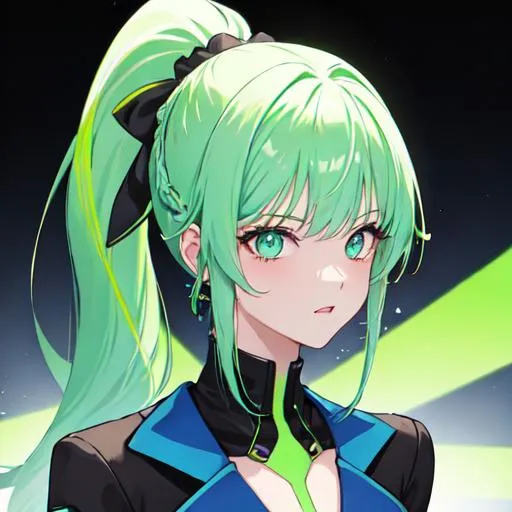Prompt: She has a long, distinctive neon-green that fades to blue hair in a ponytail

