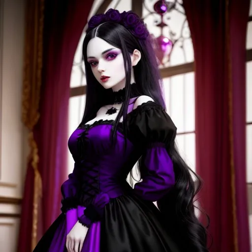 Prompt: Woman with pale skin, purple eyes, long black hair with purple tint, in gothic fashion dress with Christmas colors 