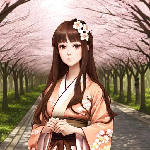 Prompt: a tall girl, peach skin, long brown hair above the waist, light brown eyes, wearing a flower kimono, in a cherry blossom forest