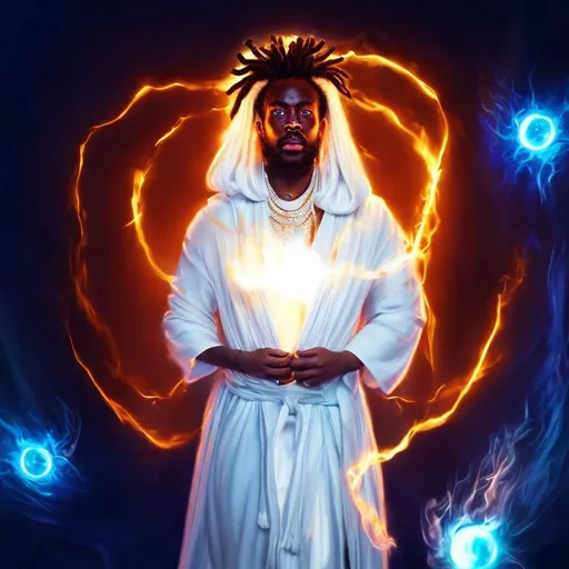 Prompt: an hyper realistic and cinematic portrait of a royal looking African man with rich flowing black dreadlocks in a white robe with white tribal paint on his skin and orbs of light and fire floating around him. 
