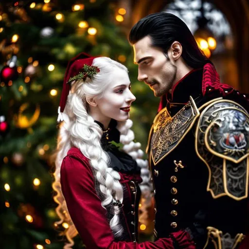 Prompt: A romantic couple in a gothic Christmas setting, man is tall, handsome, black hair with pale skin, red pupils, Dracula, armored clothing on man. Pretty young woman with long blonde hair with pink tones, living skin color, Victorian steampunk dress with holly decoration in hair, blue pupils. She is happy, excited. He holds her close. Woman is human. Christmas trees in a gothic house. Eyes white sclera 